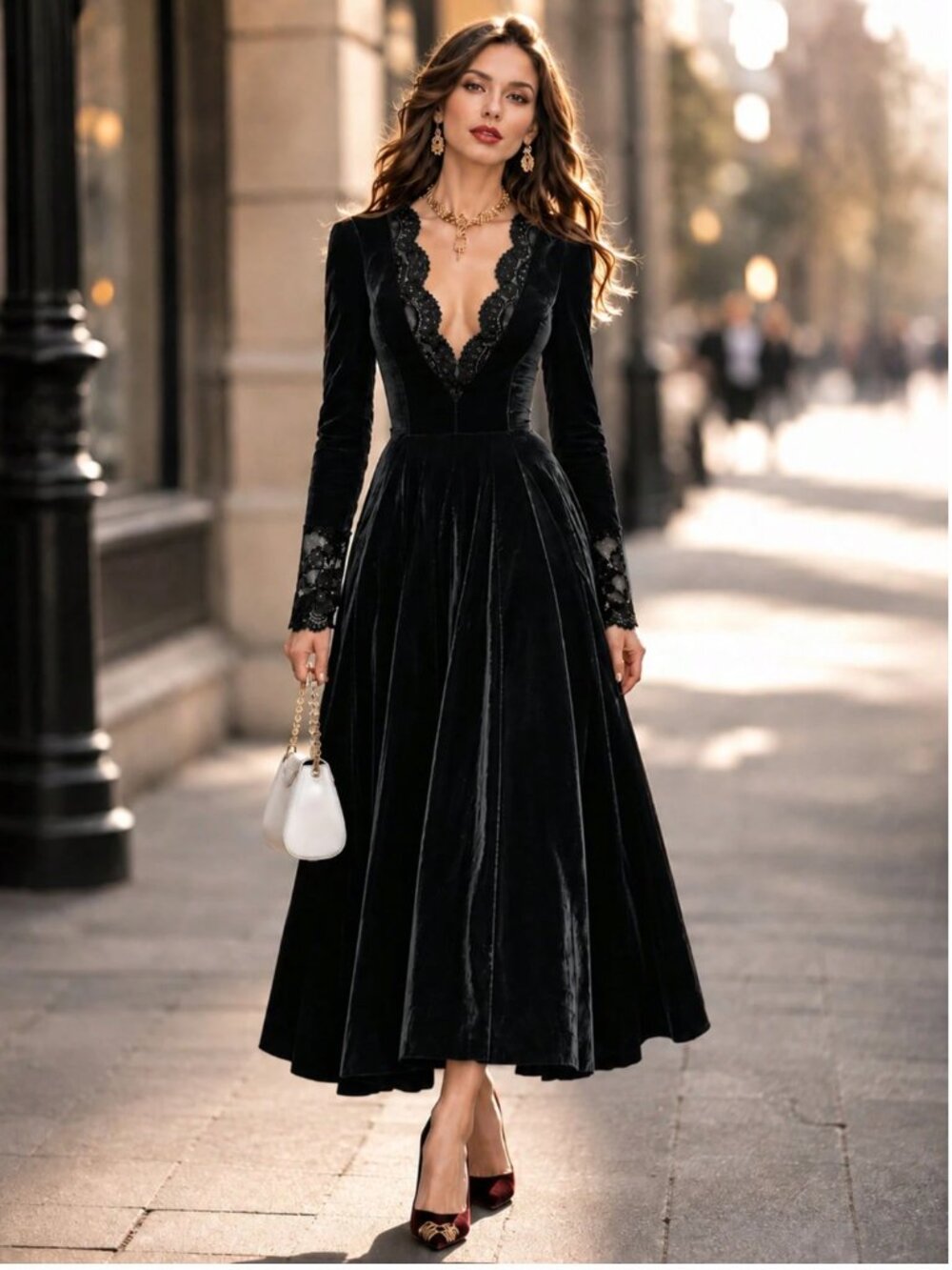 Black Velvet Midi Dress – Plunging Scalloped Lace V-Neck Long Sleeve